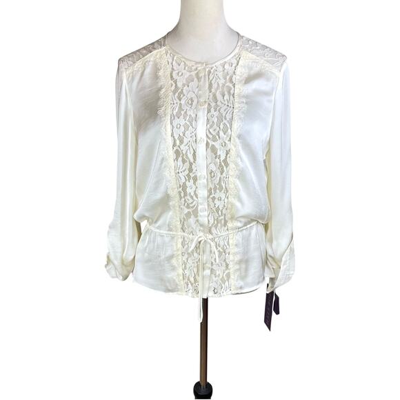 Hale Bob NWT Cream White Charmeuse Lacy Sheer Long Sleeve Button Up Blouse - Picture 1 of 14
